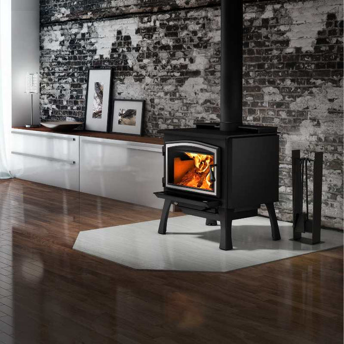 Osburn 2000 Wood Stove with Blower brushed nickel door overlay and black cast iron straight leg