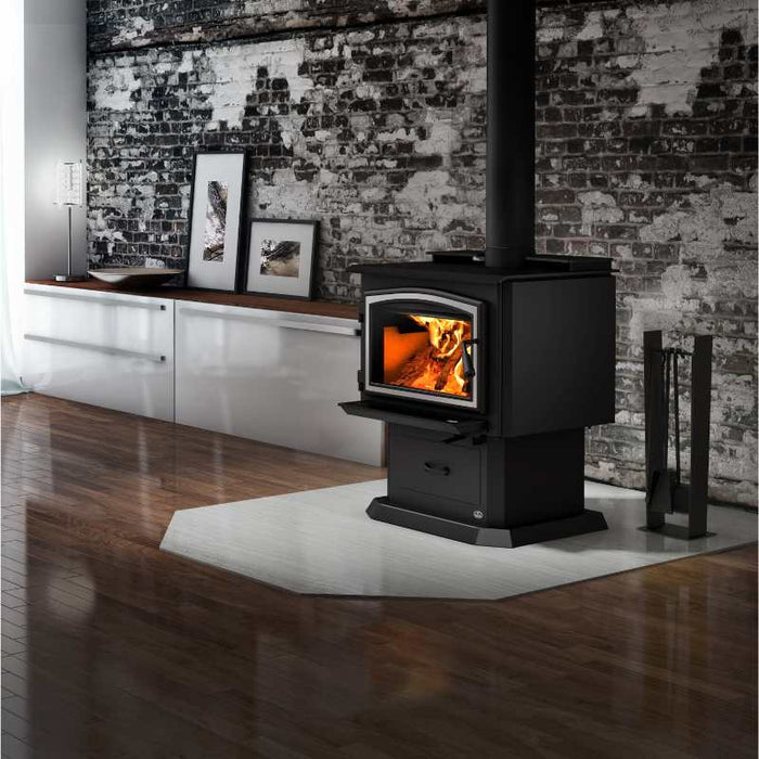 Osburn 2000 Wood Stove with Blower brushed nickel door overlay and black pedestal leg variance image