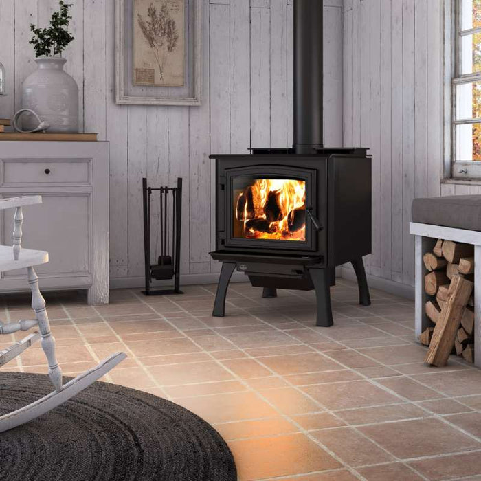 Osburn 3300 Wood Stove  OB03300 with black door overlay and black cast iron straight leg