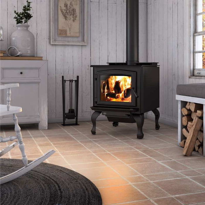 Osburn 3300 Wood Stove  OB03300 with black door overlay and black cast iron traditional leg