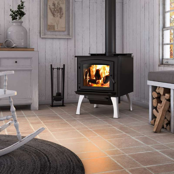 Osburn 3300 Wood Stove  OB03300 with black door overlay and brushed nickel cast iron straight leg kit