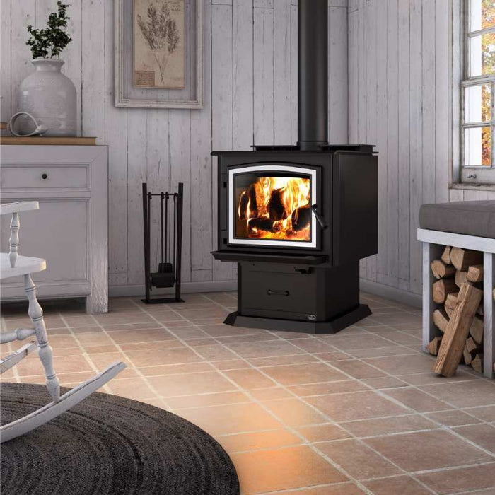 Osburn 3300 Wood Stove with Brushed Nickel overlay and Black Pedestal Kit