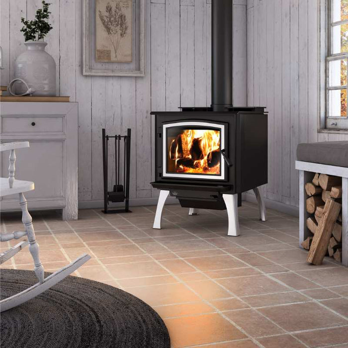 Osburn 3300 Wood Stove with Brushed Nickel overlay and Brushed Nickel Cast Iron Straight Leg Kit