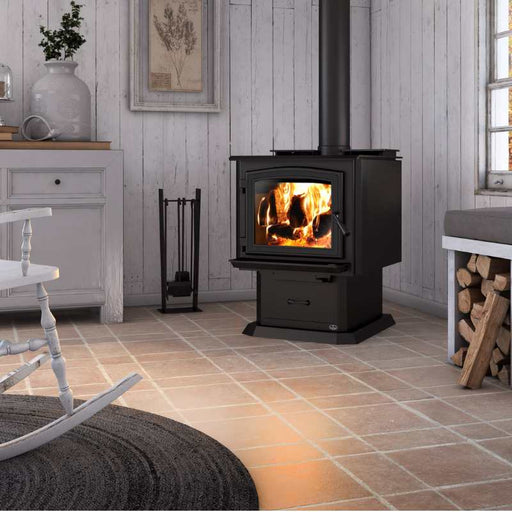 Osburn 3300 Wood Stove with black door overlay and  pedestal kit