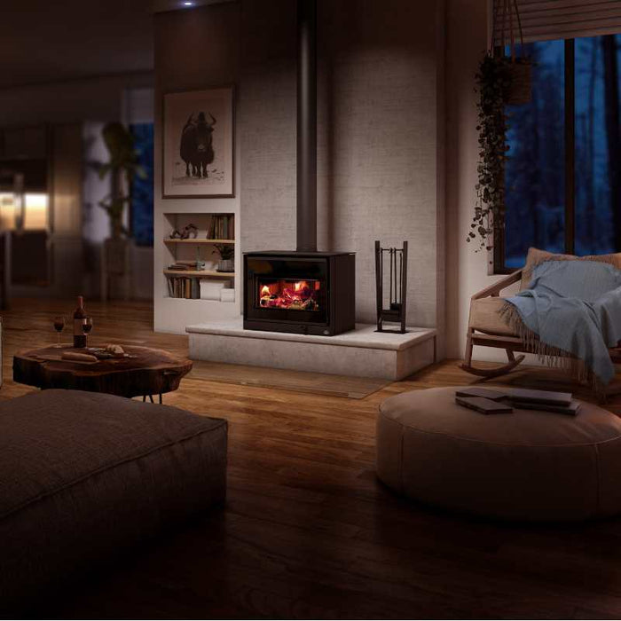 Osburn Inspire 2000 Wood Stove  OB02042 in a living room on a minimalist ceramic heart base