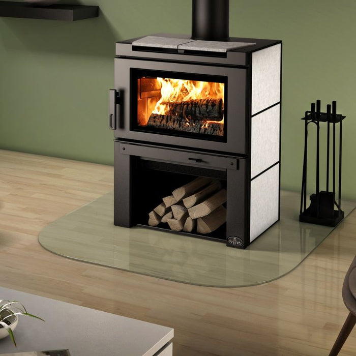 Osburn Matrix Wood Stove with Close-up Image with Blower, soapstone panel and soapstone top panel