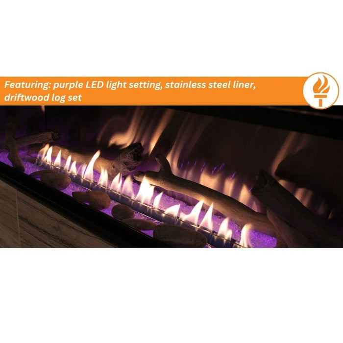 Purple LED Light setting on stainless steel liner for Empire Boulevard Vent Free Linear Gas Fireplace