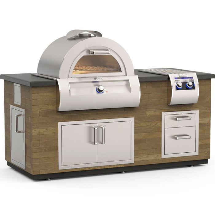 French Barrel Oak  Reclaimed Wood Outdoor Kitchen Island with Pizza Oven (5600) & Echelon Double Side Burner