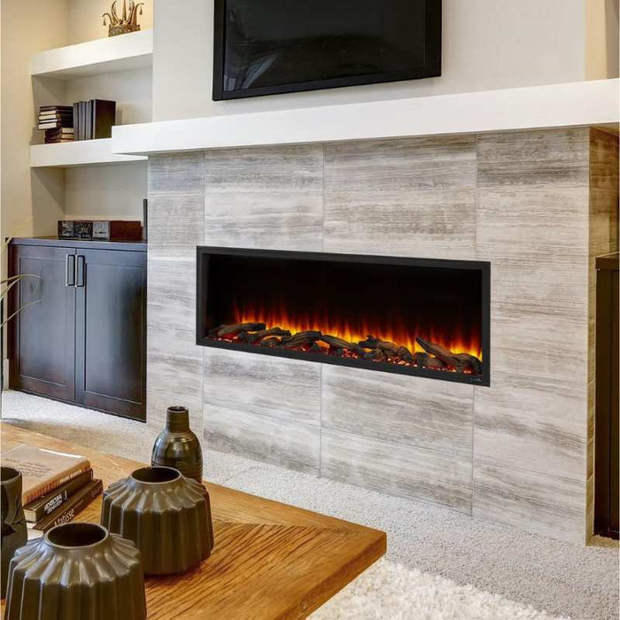 Simplifire Scion 43 Linear Electric Fireplace in Living Room with Driftwood Log set with Red Embers