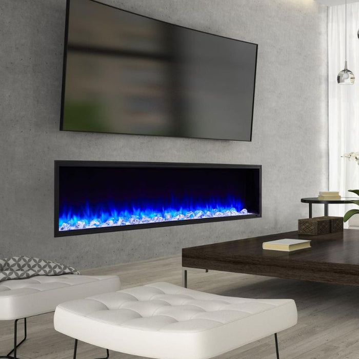 Simplifire Scion  55 Linear Electric Fireplace in Entertainment Room with Large Crystal Clear and Glowing Embers