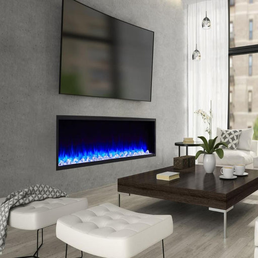 Simplifire Scion 78 Linear Electric Fireplace in Entertainment Room with Large Crystal Clear and Glowing Embers