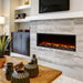 Simplifire Scion 78 Linear Electric Fireplace in Living Room with Driftwood Log set with Red Embers