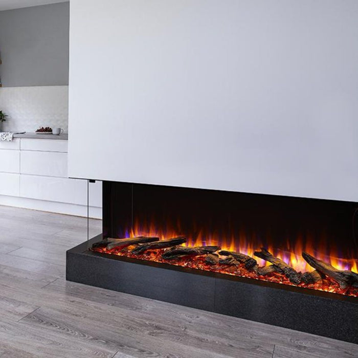 Simplifire Scion Trinity 55 3-Sided Linear Electric Fireplace in Kitchen with Driftwood Logs and Red Embers