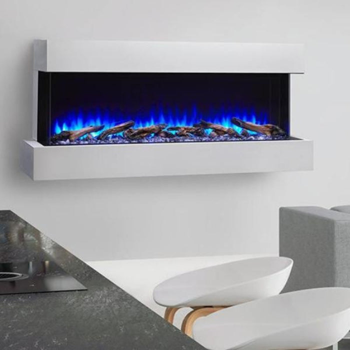 Simplifire Scion Trinity 55 3-Sided Linear Electric Fireplace in Living Room Hang Out Area with Driftwood Logs Blue Embers