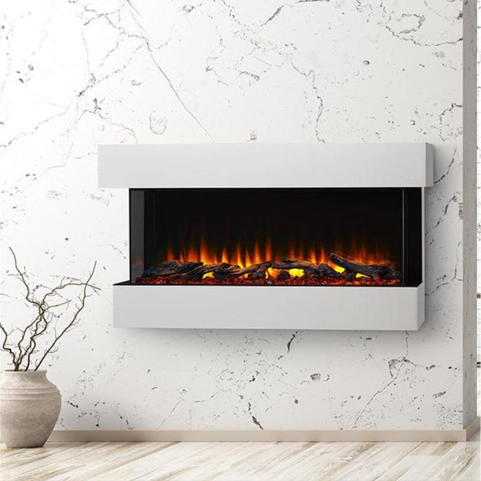 Simplifire Scion Trinity 55 3-Sided Linear Electric Fireplace in Living Room with driftwood logs and red embers