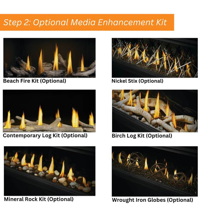 Step 2: Optional Media Enhancement Kit for Napoleon Luxuria Linear Direct Vent Gas Fireplace Beach Fire Kit, Nickel Stix, Contemporary Log Kit, Mineral Rock Kit & Wrought Iron Globes