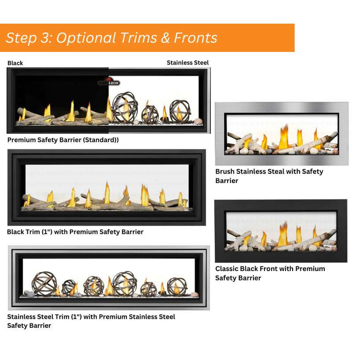 Step 3: Option Trims & Ports see-thru Premium Stainless Steel Safety Barrier, Brush Stainless Steal with Safety Barrier, Classic Black Front with Premium Safety Barrier Black Trim (1") & Stainless Steel Trim ("1)