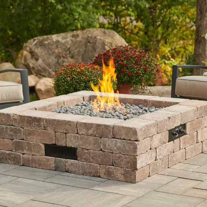 The Outdoor Greatroom Bronson Block Square Gas Fire Pit Kit Installed at Front Yard plus Tumbled Lava Rock Fire Burner On Scaled