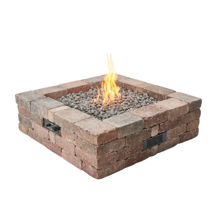 The Outdoor Greatroom Bronson Block Square Gas Fire Pit Kit plus Tumbled Lava Rock Fire Burner On