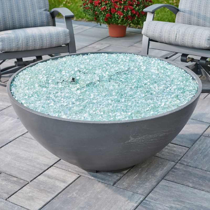 The Outdoor Greatroom Midnight Mist  Cove Edge Round Gas Fire Pit Bowl place at Frontyard with Clear Tempered Fire Glass Gems Scaled