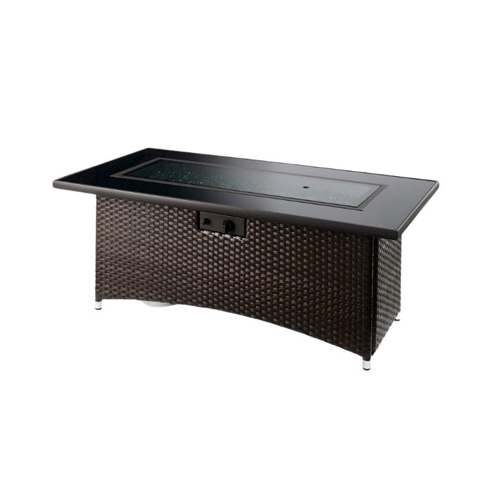 The Outdoor Greatroom Montego Linear Gas Fire Pit Table with Clear Tempered Fire Glass Gems and Grey Glass Burner Cover