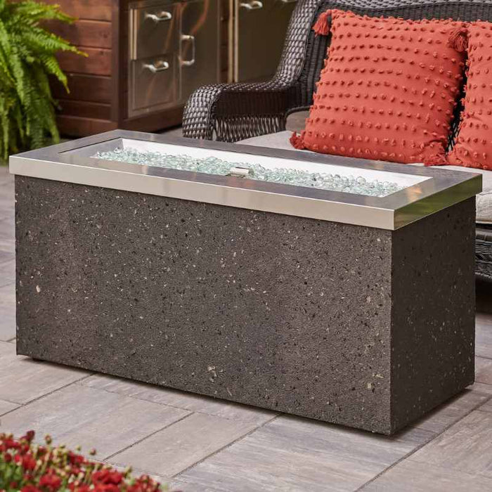 The Outdoor Greatroom Stainless Steel Key Largo Linear Gas Fire Pit Table Placed at the Deck with Clear Tempered Fire Glass Gems Scaled