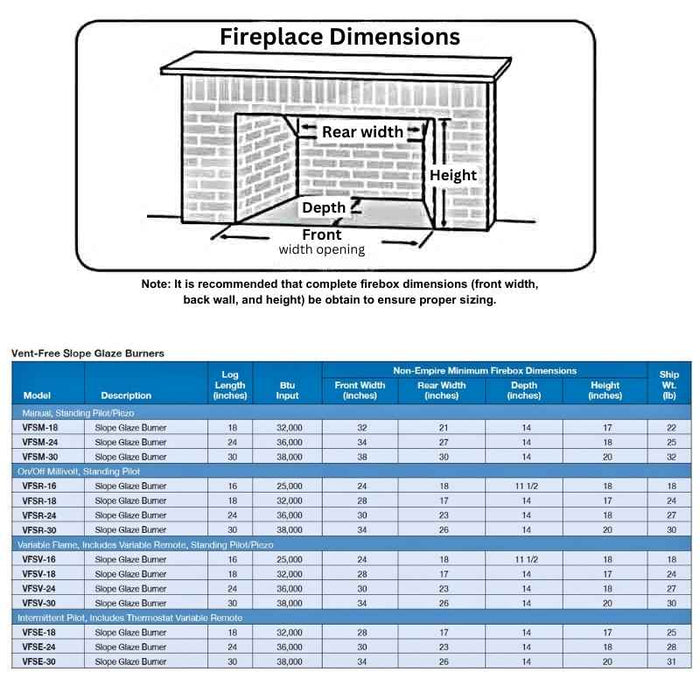 Vent Free Slope Glaze Burner Dimensions Chart