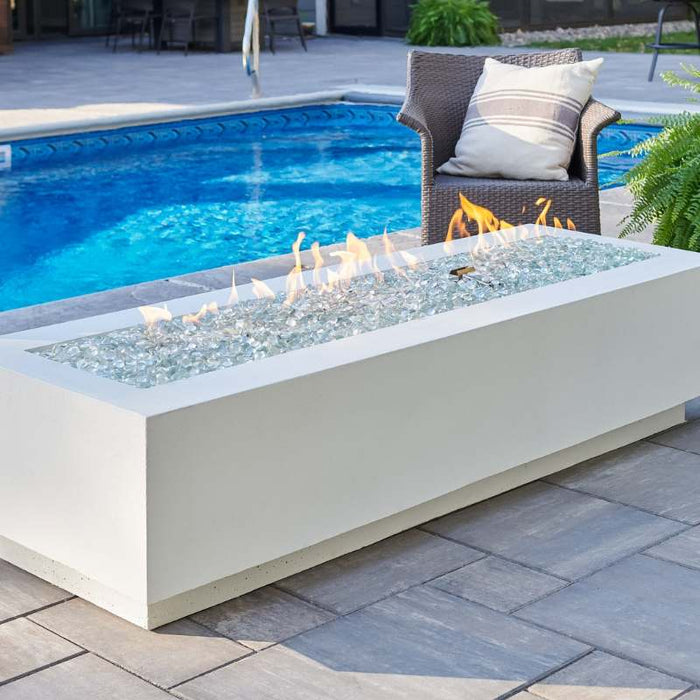 White Cove 72 Linear Gas Fire Pit Table Installed at Poolside with Clear Tempered Fire Glass Gems plus Fire Burner On Scaled